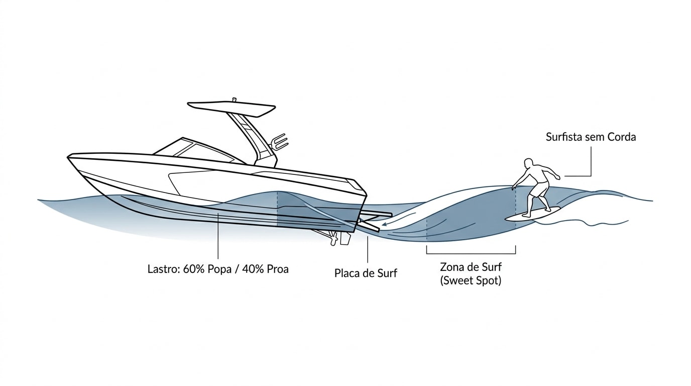 Corte lateral de um barco de wakesurf com o lastro afundando a popa, a placa de surf aberta em um dos lados organizando o fluxo de água e o surfista sem corda na zona de surf da onda
