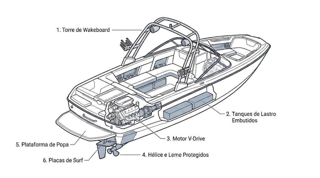 Corte de um barco de wake com as seis partes numeradas: torre de wakeboard, tanques de lastro embutidos, motor V-drive, hélice e leme protegidos sob o casco, plataforma de popa e placas de surf